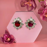 Platinum Earrings With Oval Mozambique Rubies and White Heart Shape Diamonds